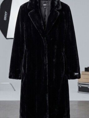 DKNY Black Faux Fur Long Coat with Notch Collar
